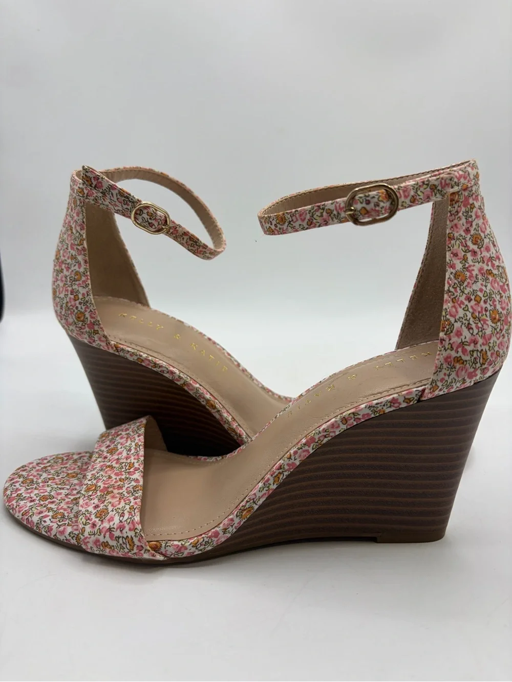 Floral Pink Ankle-Strap Wedge Sandals Size 8